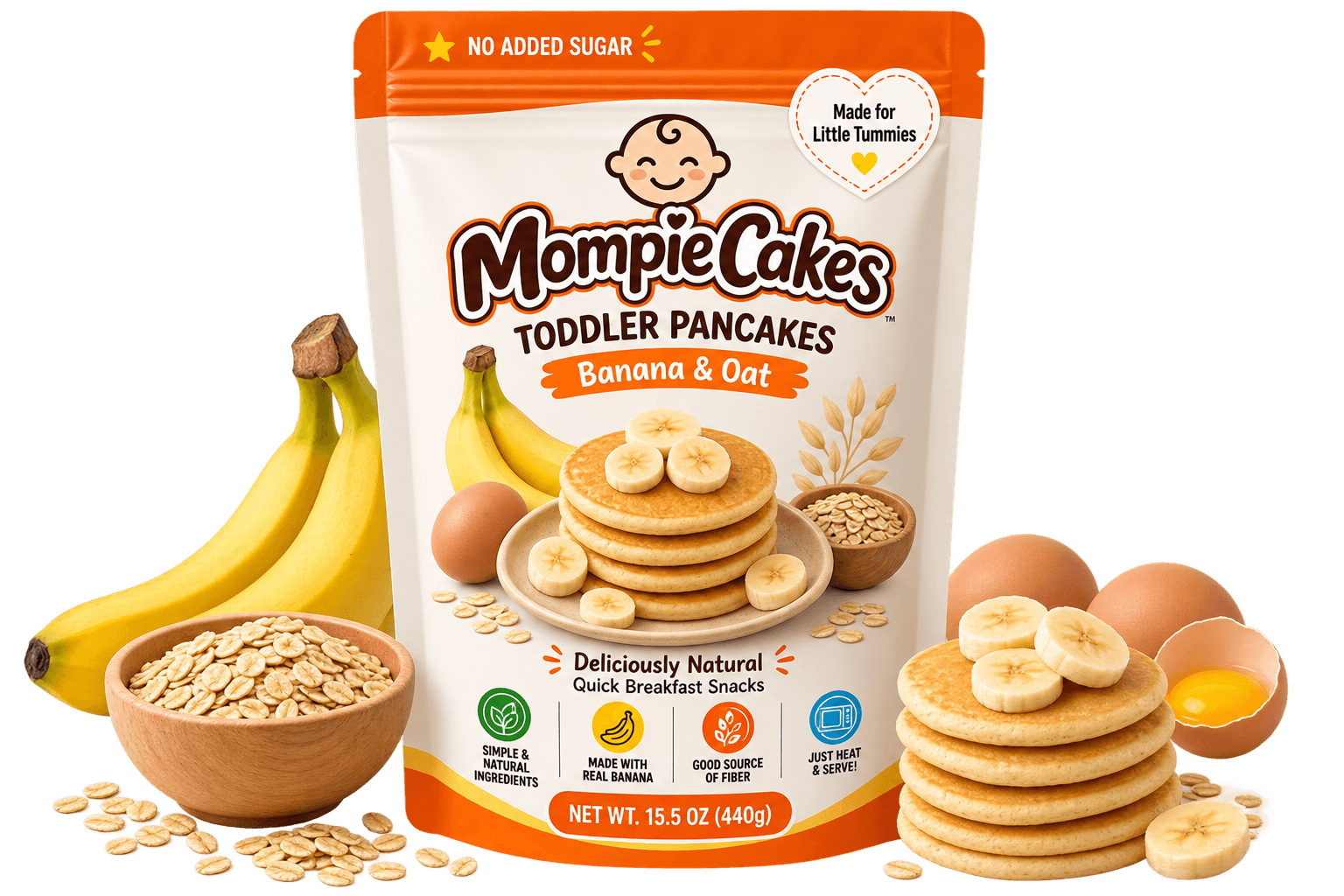 Mompie Cakes Toddler Pancakes — Natural Banana & Oat pouch with fresh bananas, oats and eggs