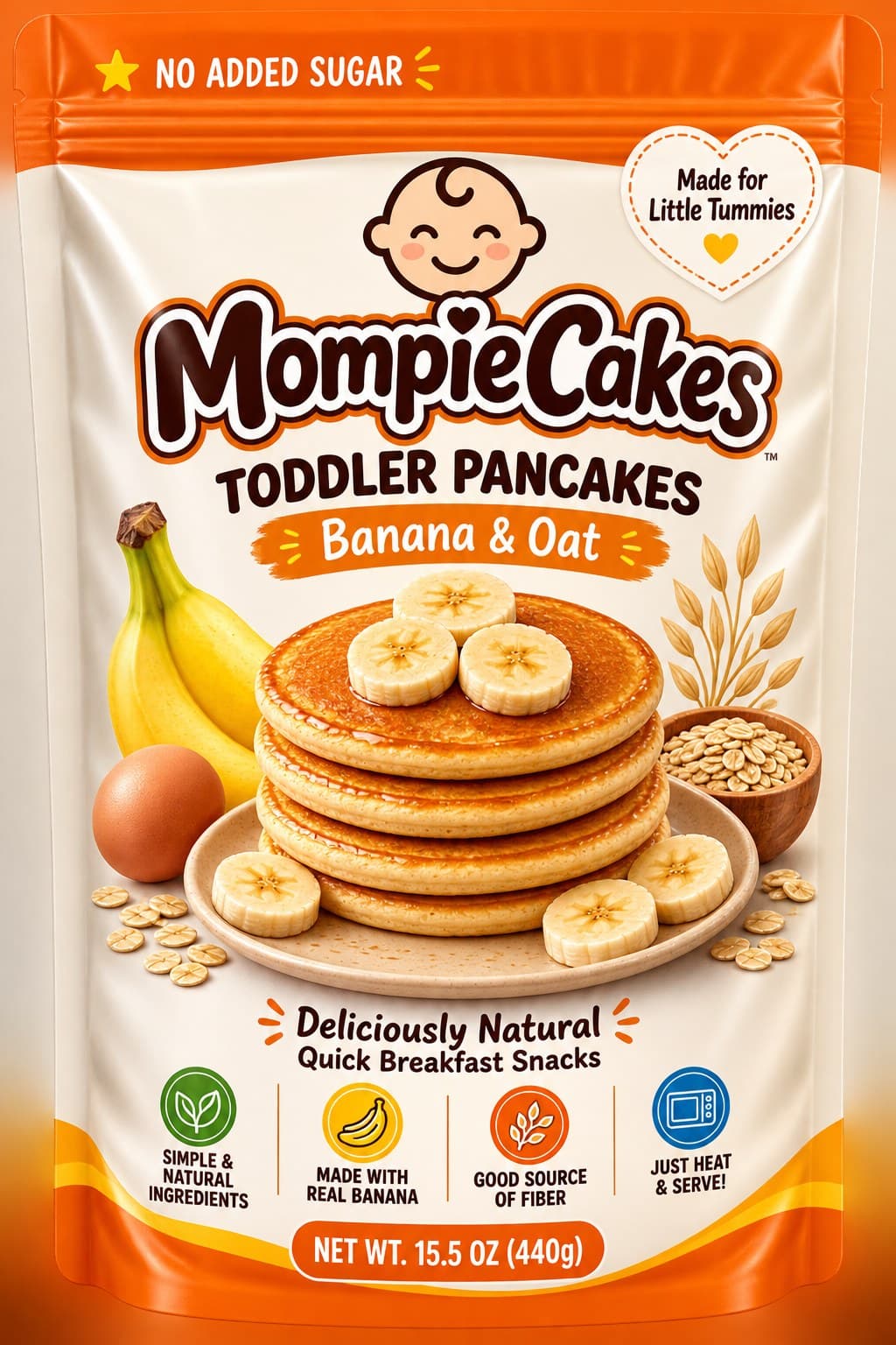 Mompie Cakes Toddler Pancakes pouch, front — net weight 15.5 oz (440g)