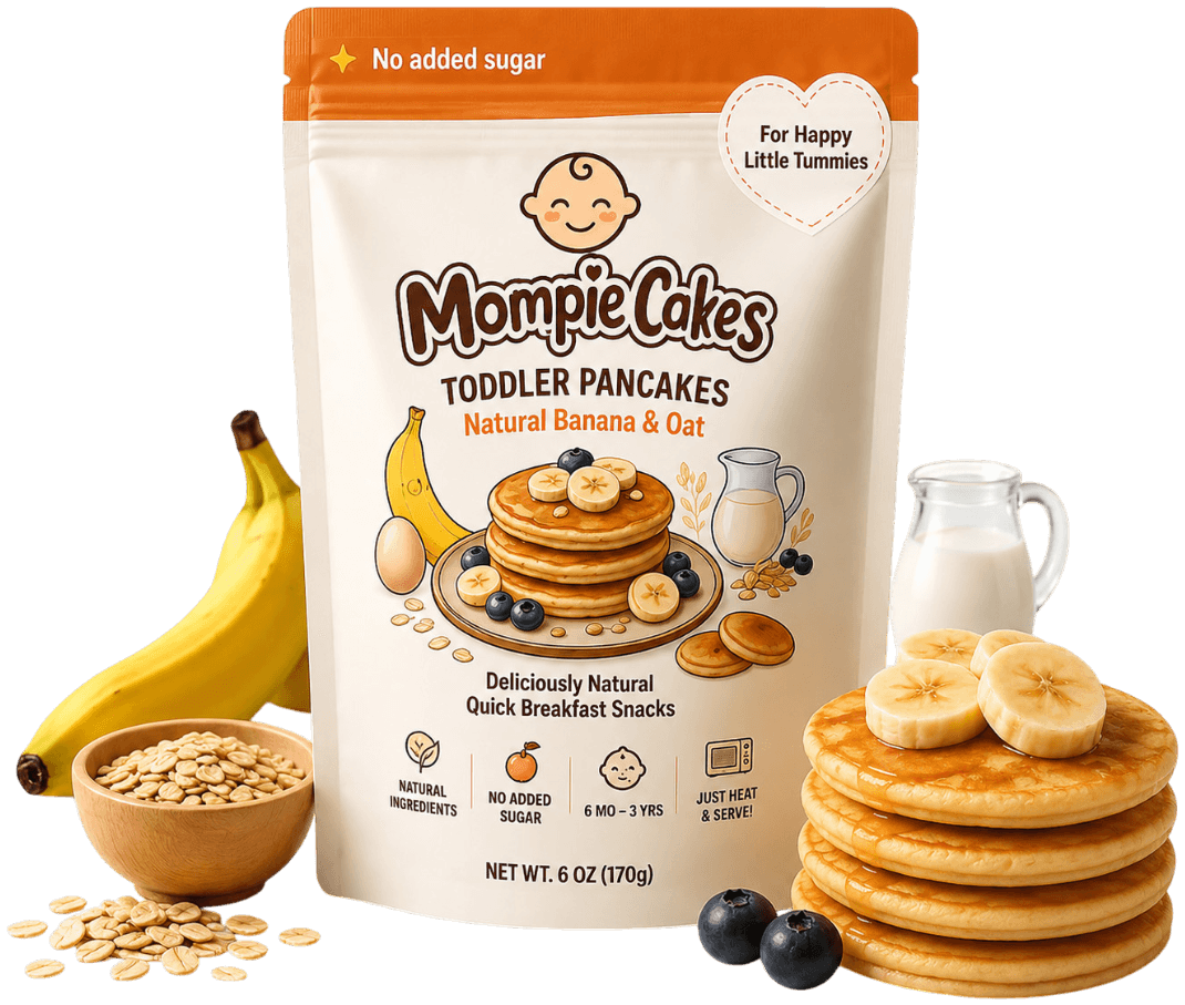 Mompie Cakes Toddler Pancakes — Natural Banana & Oat pouch with fresh bananas, oats and a stack of pancakes